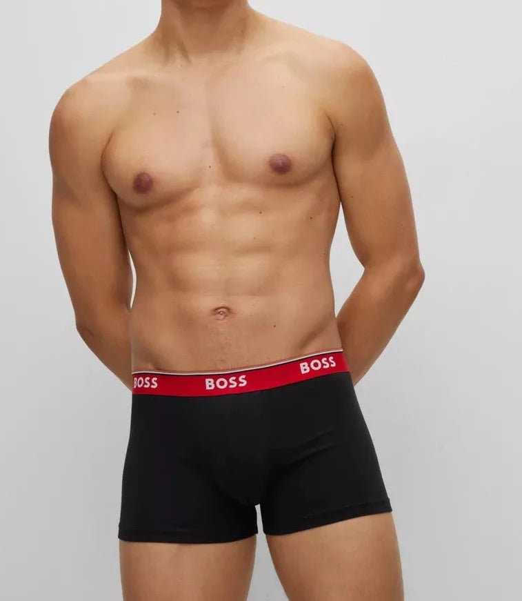 Boss 3 Pack of Stretch-Cotton Trunks with Logo Waistbands -Black/White/Red