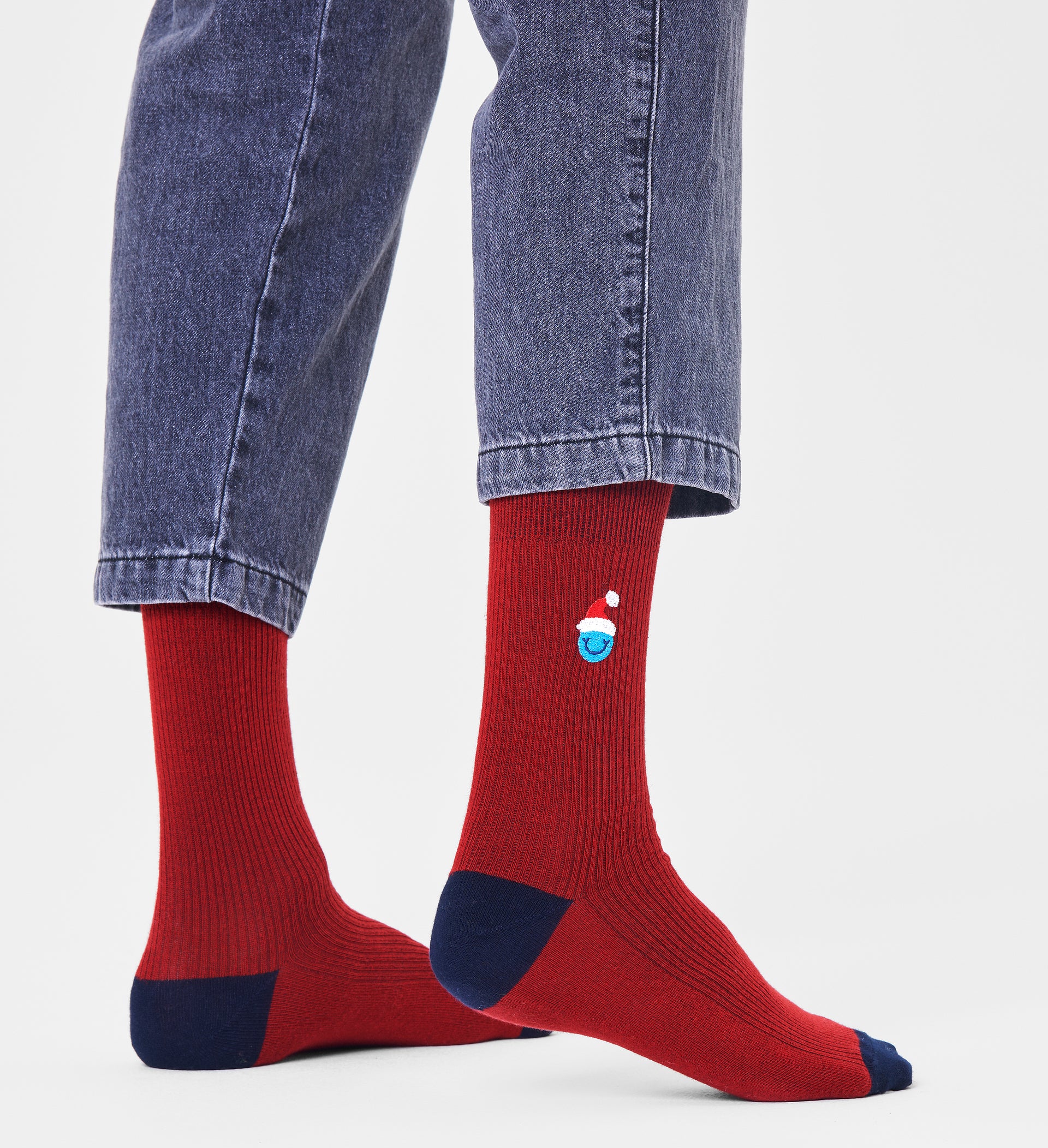 Smiley Santa Crew Ribbed Embroidery Sock - Happy Socks