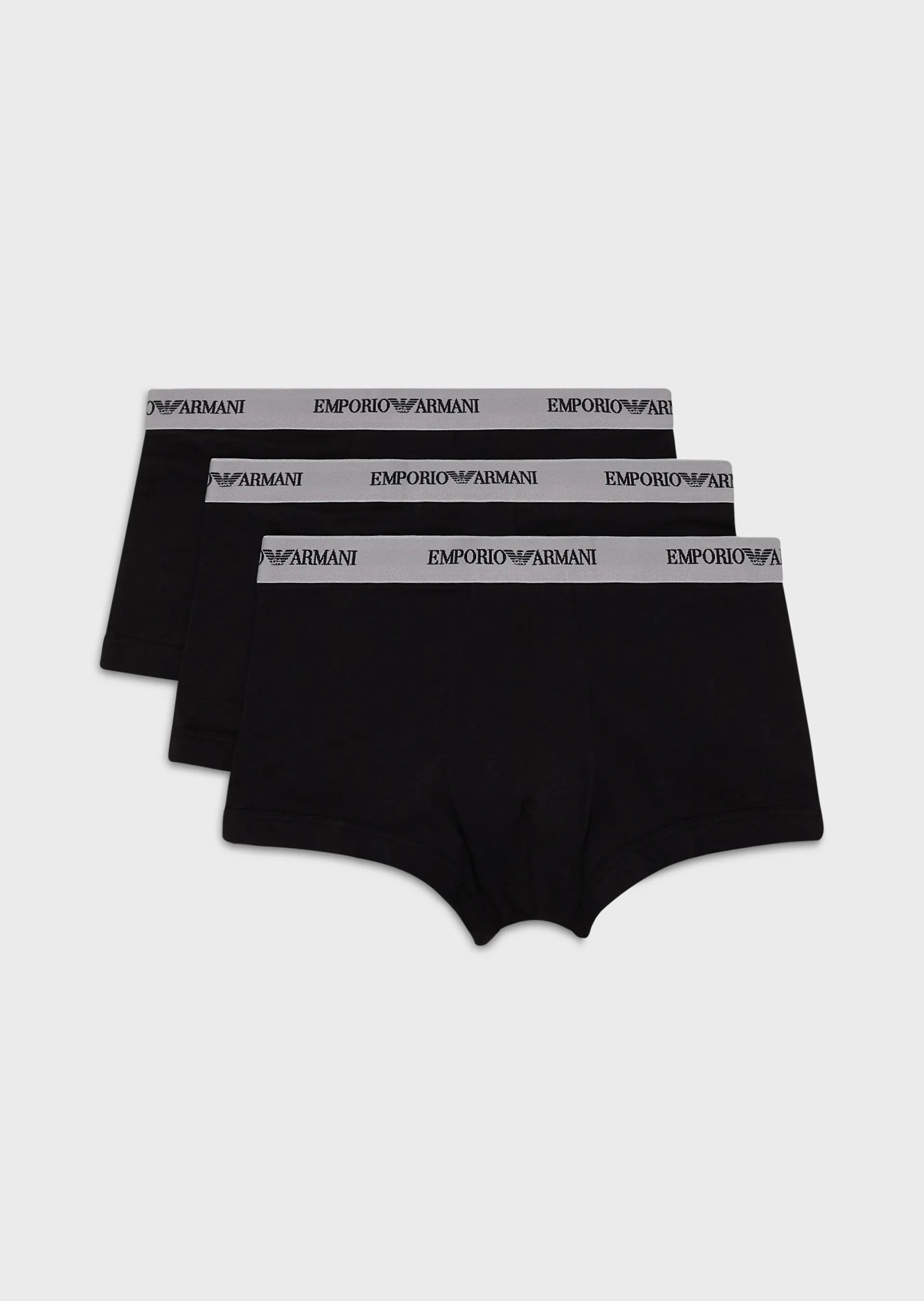 Emporio Armani 3 Pack Trunks - Stretch Cotton -Black with Grey Waistband